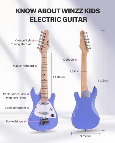 Image of Winzz 30 Inch Kids Electric Guitar Beginner Kit, Junior 1 /4 Size Mini Electric Guitar for Children Complete Stater Set with Amp, Gloosy Purple Colour