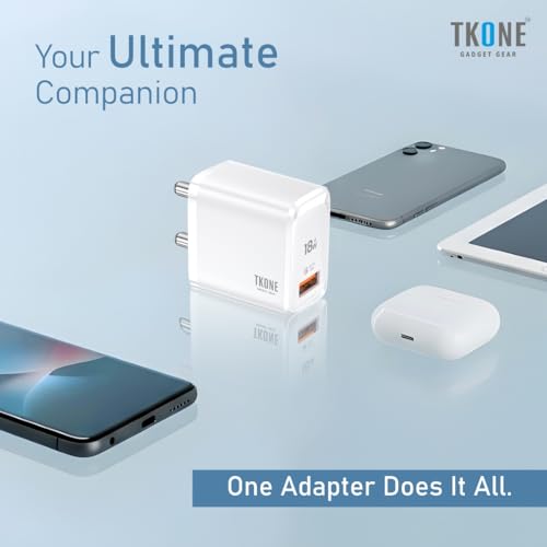 Image of TKONE Rapid 18W Fast Charging Adapter, USB A, for iPhone 17 /16 /15 /14 /13 /12 Series, Samsung Galaxy S25 /S24 /S23, OnePlus, Nothing & Others (White)