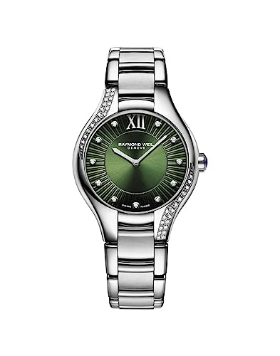 RAYMOND WEIL Noemia Women's Watch, Quartz, Green Dial, Roman Numerals, 47 Diamonds, Stainless Steel, 32 mm (Model: 5132-S1S-52181)