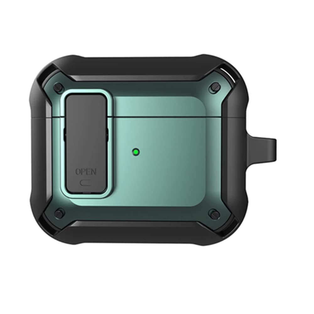 T Teclusive Luxury Defense Armor Protective Cover Case Compatible for Airpods 3 with Hook Buckle | Unbreakable Defender Case with Switch Lock Button (Black+Green)