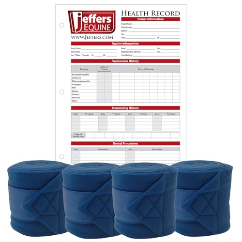 Jeffers Horse Fleece Polo Wraps 4 Pack and Equine Health Record 1 Pack Kit – Leg Wrap Accessories for Training Riding Turnout Stable, Hoof Care Tracker, Equestrian Horse Supplies - Royal Blue
