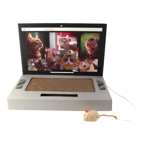 Enwye Tiragraffi per Gatti a Forma di Laptop con Un Vecchio Topo di Peluche Cartone Ondulato Resistente Design Pieghevole Salvaspazio Controlla La Pressione del Graffio