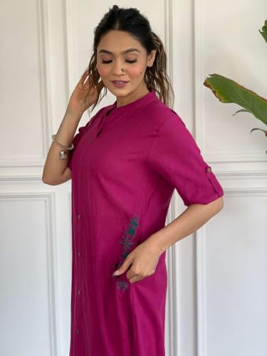 Image of Women's Cotton Embroiderd Long A-Line Kurti with Palazzo