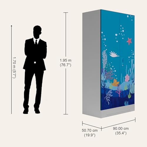 Image of Interio by Godrej Wardrobe Slimline 2 Door Steel Almirah (Digital Printed Teal Blue and Royal Ivory) Wardrobe for Clothes, 1 Year Warranty, 4 Shelves
