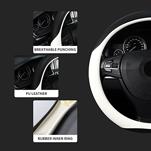 Image of Microfiber Leather 15 inch Universal Fit Car Steering Wheel Cover, Elastic Nonslip Breathable and Odorless, Black & White