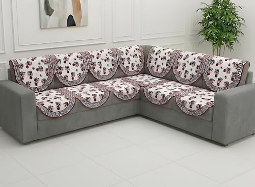 Image of Fab Nation Sofa Cover L Shape 5 Seater with Corner L Type Fully Covered Sofa Set for Living Room | Cotton Sofa Slipcovers for 3 + 2 Seaters Cover Set | Garden Pink