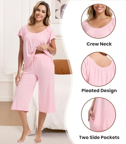 Image of NACHILA Bamboo Viscose Pajamas for Women Cooling Capri Pjs Short Sleeve Set