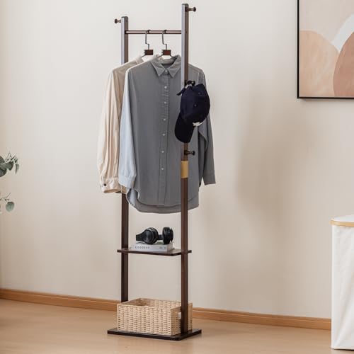 SOBIBO Clothes Rack Solid Wood Coat Rack with Shelves and