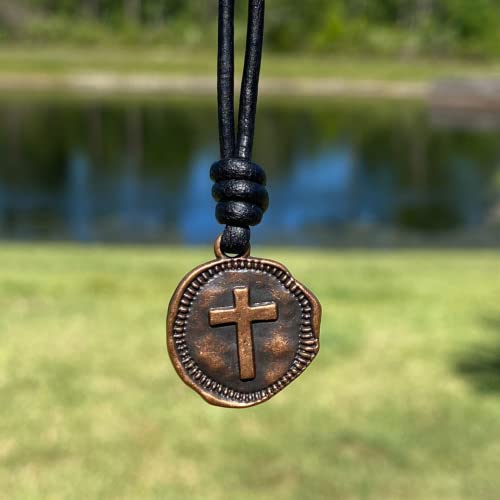 Cross Leather Necklace Mens - Men Cross Coin, Religious Pendant, Medallion Necklaces, Christmas Gift, Catholic Pendant, Christian Charms, Women Gifts To Husband Cute Crosses Best Friend (Copper) #TOP5