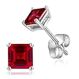 CAIDIKA Red Ruby Stud Earrings for Women Men 925 Sterling Silver July Birthstone Jewelry Dainty Emerald Cut Earrings 5mm Small Square Ear Studs