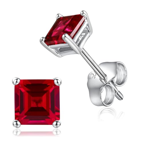 925 Sterling Silver Birthstone Stud Earrings for Women Men, Created Sapphire/Emerald/Ruby/Spinel Earrings Birthday Everyday Jewelry(with Box), 5mm, Sterling Silver, Created Ruby