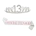 B4MBOO 13th Birthday Crown and Sash, Glitter 13 Crown With A 25 inch "Official Teengager" Pink Sash, Beautiful Tiara and Sash Set For 13th Birthday Party. Perfect Gift Birthday Party Supplies