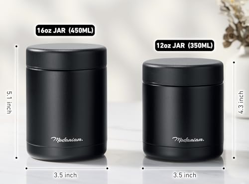 Stainless Steel Insulated Food Jar Set of 2 (16oz + 12oz) | Wide Mouth | Soup Thermo for Hot Food Lunch Container | Thermal LunchBox | Insulated Soup Bowl | Hot and Cold Lunch Box for Adults | Black by Modaniam - Image 2