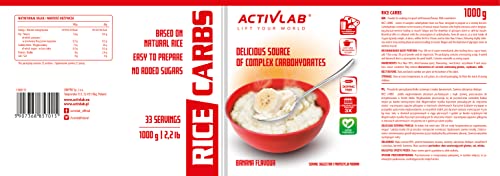 Activlab Rice Carbs | 1 KG | Rice meal, Instant Pudding | Reiscreme | Optimale Konsistenz, Schnelle Zubereitung | Post/Pre Workout Meal | Fitnessstudio | Bananengeschmack | Messbecher | Vege