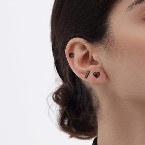 Image of JIAYIQI Minimalist 925 Sterling Silver Stud Earrings Set, 14K Gold Plated Hypoallergenic Tiny Bar Dot Heart Star Studs for Women & Men