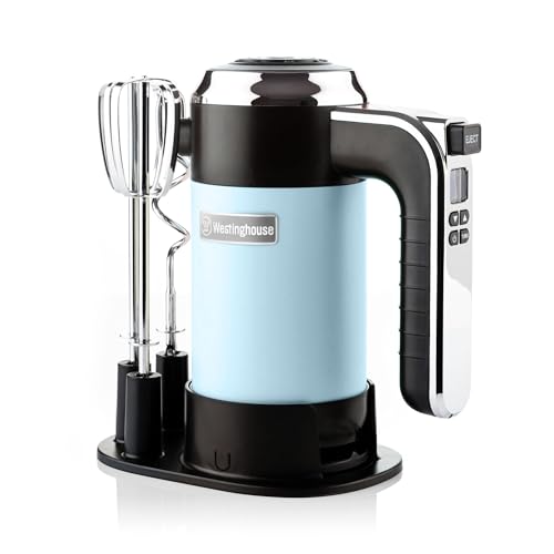 Westinghouse Retro Handmixer, 5 Geschwindigkeitsstufen + Turbofunktion, 2 Rührbesen, 2 Knethaken, LCD-Anzeige, Timer, Sockelboden, 350 Watt, hellblau