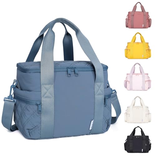 NOL Natural Organic Lifestyle Womens Nylon Lunch Cooler Cute Quilted Lunch Bag Large Leakproof Insulated Lunch Tote Bag for Work Picnic Travel Dusty blue