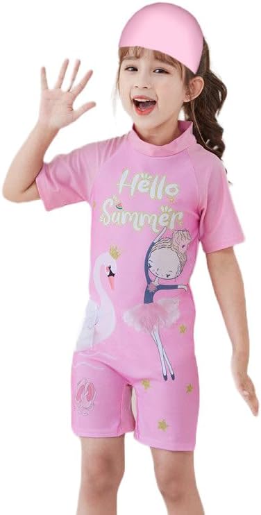 Girls Swimsuits Half Sleeve Rash Guard Swimwear with Matching Cap One-Piece Bathing Suits 2-11 Years