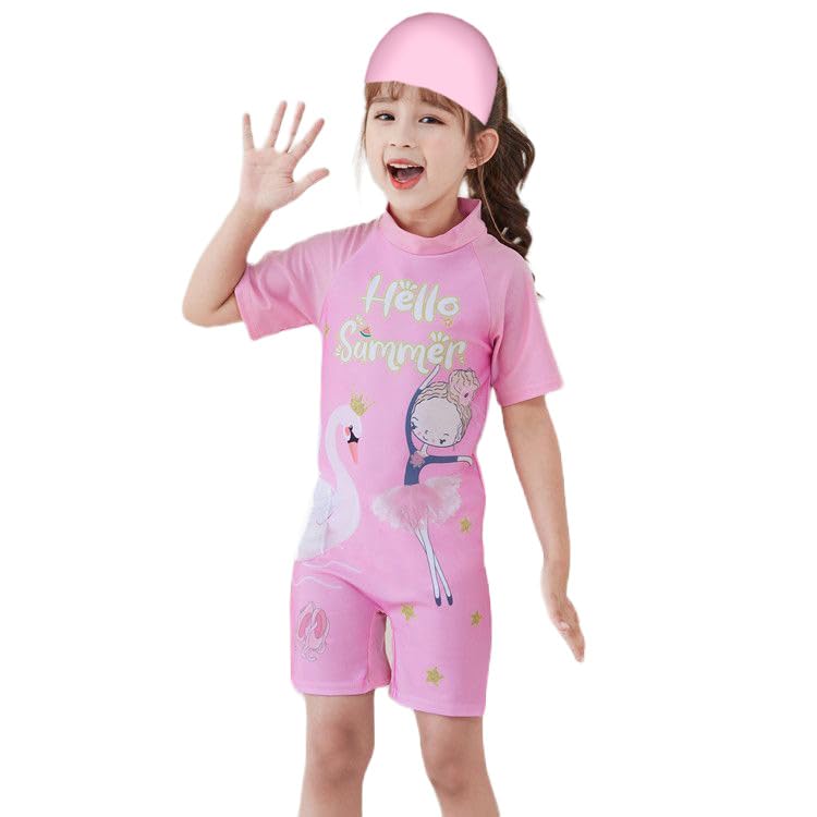 Image of Girls Swimsuits Half Sleeve Rash Guard Swimwear with Matching Cap One-Piece Bathing Suits 2-11 Years