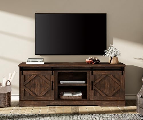 WAMPAT Modern Farmhouse TV Stand for TVs up to 75" with Sliding Barn Doors, 25.6" H Wood Entertainment Center with Adjustable Media Storage Shelf for Living Room, Dark Walnut Brown