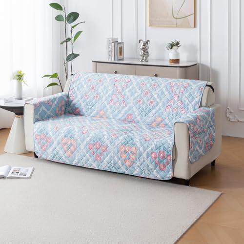 Image of House of Quirk 'Mughal Series' Anti-Slip Sofa Cover Mat with Pocket | Polyester Couch Protector for Pets, Kids & Spills (Gulshan Sky, 180x170cm, Three Seater)