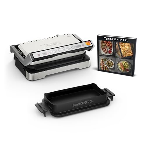 Tefal OptiGrill GC784D10   Parrilla de contacto 4 en 1 XL con bandeja para horno, plegable, 12 programas, indicador de nivel de cocción, parrilla eléctrica, horno