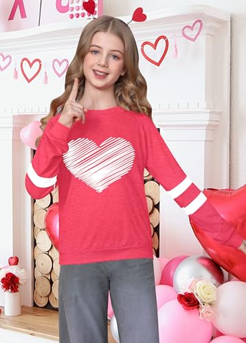 Image of LAZYCHILD Kids Valentine Shirt Girls Valentines Day Shirts Heart Graphic Long Sleeve Striped Tee Tops 5-14 Years