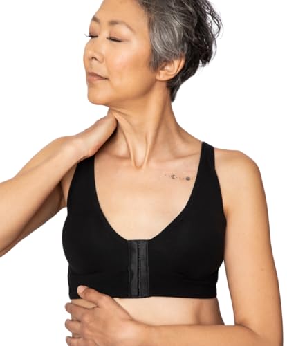 AnaOno Post-Surgical Pocketed Front Closure Bras for Women - Soft Compression Bra W/Breast Pad Inserts - Recovery Mastectomy Bra Black