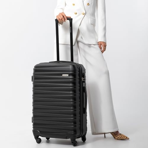 WITTCHEN Reisekoffer Groß Rollkoffer Trolley Großer Koffer Check-In Gepäck Hartschale aus ABS 4 Spinner-Rollen Zahlenschloss Groove Line Größe L schwarz Lufthansa/Eurowings/Ryanair