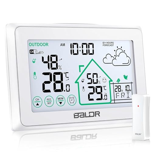 BALDR Wetterstation Funk mit Außensensor, Digital DCF-Funkuhr Innen und Außen Thermometer Hygrometer mit Wettervorhersage, Funkthermometer mit Batteriebetrieben Wetterstation, weiß BALDR Wetterstation Funk mit Außensensor, Digital DCF-Funkuhr Innen und Außen Thermometer Hygrometer mit Wettervorhersage, Funkthermometer mit Batteriebetrieben Wetterstation, weiß