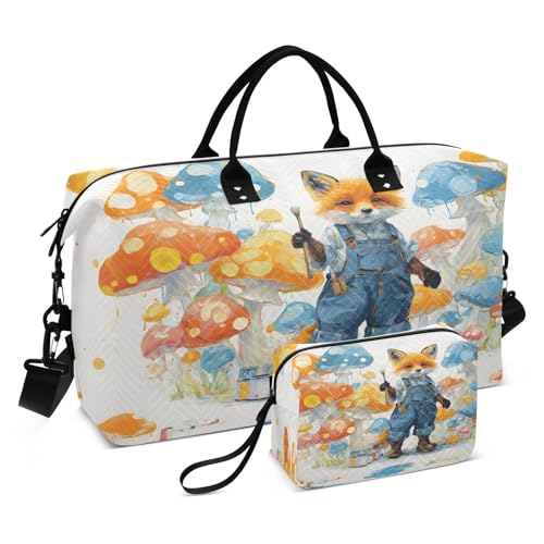 Weekender Bags Travel Duffel Gym Bag Anthropomorphic Fox in Denim Overalls Painting A Mural Of Polka-dot Mushrooms Lisa Frank Neon Palet Carry on Overnight Tote Bag with Toiletry Bag for Airplane Tra