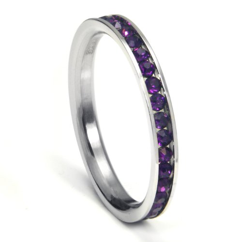 Metal Factory 316L Stainless Steel Deep Purple Cubic Zirconia CZ Eternity Wedding 3MM Band Ring Sz 7