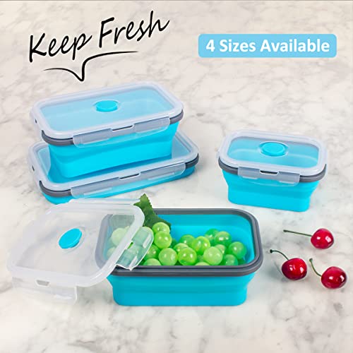 Collapsible Food Storage Containers With Airtight Lid & Air Vent, 4 Sizes, Kitchen Stacking Silicone Collapsible Meal Prep Container Set For Leftover, Microwave Freezer Dishwasher Safe, Blue, Set Of 4 #TOP1
