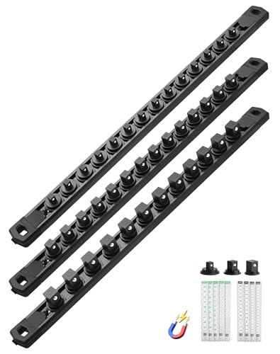 Image of ALOANES Magnetic Socket Organizer Set of 3, Heavy-Duty Aluminum 360 Swivel Clip Socket Holder, Compatible with 1 /2 inch, 3 /8 inch, 1 /4 inch Sockets, Includes 40 Clips, Tool Box Drawer Storage (Black)