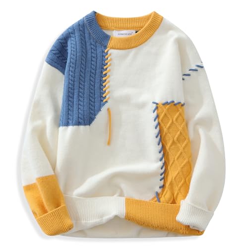 GURUNVANI Patchwork Sweater Mens Colorblock Jumper Cable Knitted