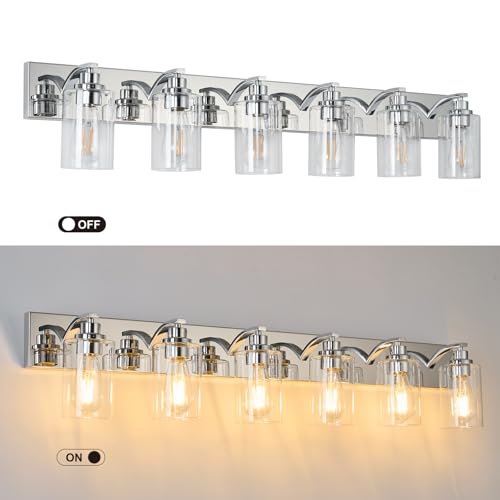 Image of 6-Light Bathroom Light Fixtures Modern Chrome Vanity Lights | Easy to Install Clear Glass Shades, Wall Mount Up or Down, E26 Socket, Hardwired, 129V