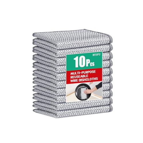 BTIFU 10 Pcs Multipurpose Non Scratch Wire Dishcloth Reusable Wire Dishwashing Rag Wet and Dry Metal Dishcloths for Kitchen Cleaning Sinks Dishes Stoves (20 x 20 cm)