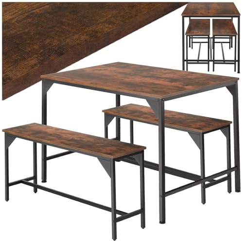 TecTake® Conjunto de Mesa y Bancos, Estilo Industrial Minimalista, Mesa de Comedor con Banco, Muebles para Salón y Cocina, Marco de Acero y Madera con Revestimiento en Polvo, Fácil Montaje - Oscuro