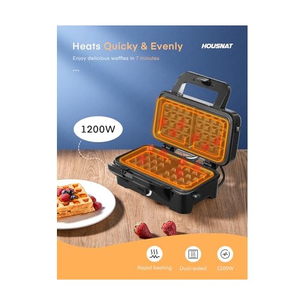 HOUSNAT Sandwichmaker 3 in 1 - Waffeleisen, Kontaktgrill, Sandwichtoaster - 1200W mit 5-Gang Temperaturregelung- für Belgische Waffel - Antihaftbeschichtung - Perfekt für Frühstück, Camping und mehr – Bild 4