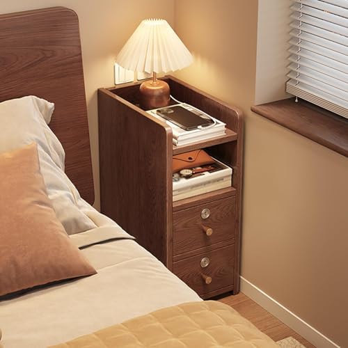 Narrow Solid Wood Nightstand with 2 Drawers & Open Storage, Stylish Bedside Table for Living Room & Bedroom, Functional Sofa Side Table, Modern Design
