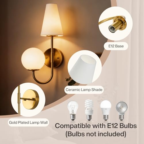 Tribesigns Gold Double-Headed Wall Sconce, Elegant Wall Lamp with Milky White Glass Shade, Metal Wall Light Fixtures for Bedroom, Living Room, Bathroom, E12 Base, Gold-Plated Finish by Tribesigns - Used condition - Image 5