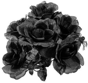 Creepy Halloween Black Rose Bouquet with Plastic Spiders .