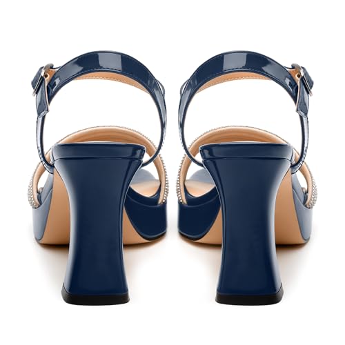 Women's Square Toe Heeled Sandals - Chunky Platform with Rhinestone Strap, Solid Color Ankle Strap Sandals for Work, Parties & Daily Wear4