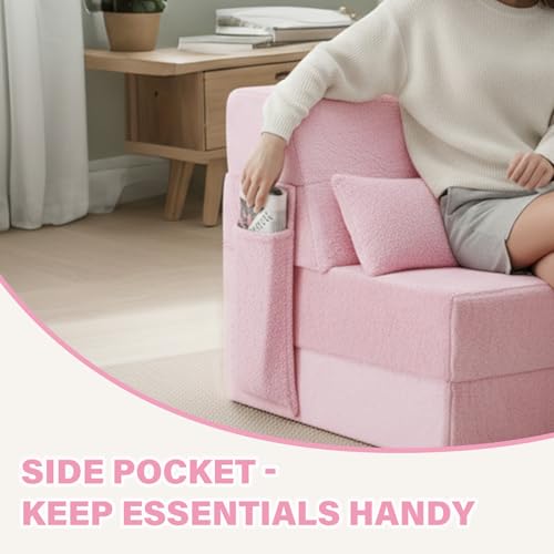Image of Tiita Convertible Folding Sofa Bed Mattress with Pillow & Side Pocket, Plush Fabric Floor Mattress Couch Bed, Washable Cover, Twin Size, Pink