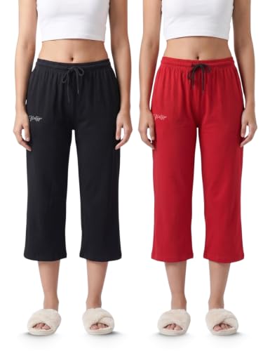 Image of Fflirtygo Women's Cotton Plain Calf Length Capri | Nightwear Short Pyjama | 3 /4th Solid Pyjama Pant | Regular Fit Casual & Lounge Wear Capri Combo (Pack of 2)