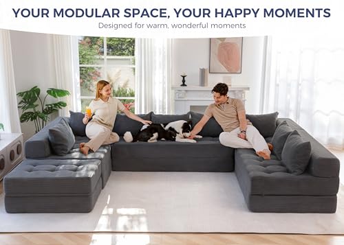 Image of MAXYOYO Modular Sectional Sofa Couch, Foldable Oversized U Shaped Cloud Couch with Pillows, Tufted Boneless Lounger Floor Sofa Bed for Living Room, No Assembly Required, Dark Grey