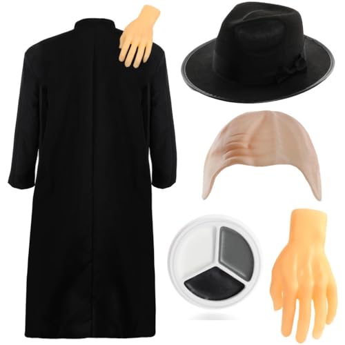 LOVETRENDS Gothic Uncle Halloween Costume for Adults Includes Black Duster Jacket Hand Prop Bald Cap Face Paint & Black Trilby Hat Spooky Horror Family Fancy Dress Outfit