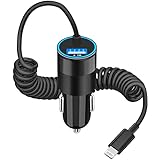 [Apple MFi Certified] iPhone Car Charger Fast Charging, KYOHAYA 4.8A USB Power Rapid Car Charge Adapter with Built-in Coiled 6FT Lightning Cable Quick Charging for iPhone 14 13 12 11 Pro/XS/XR/SE/iPad