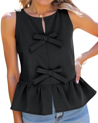 Tankaneo Womens Bow Peplum Tank Tops Summer Sleeveless Babydoll Cotton Blouses Loose Fit Flowy Casual Shirts