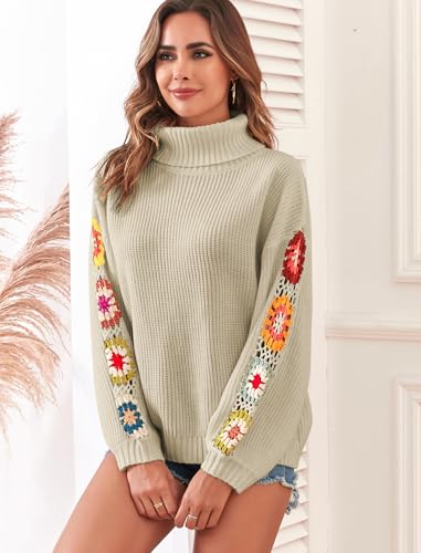 Image of ZAFUL Flower Crochet Turtleneck Sweater for Women Pullover Puff Long Sleeve Boho Knit Sweaters Trendy Knitwear Tops